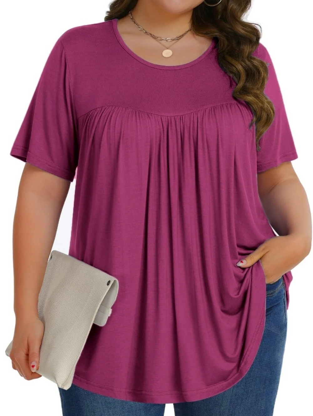 Women’s Plus Size Gathered Front Short Sleeve Raspberry Top Size 3X